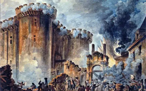 La toma de la Bastilla, símbolo de la escarapela revolucionaria francesa. Humo y caos en el asalto.
