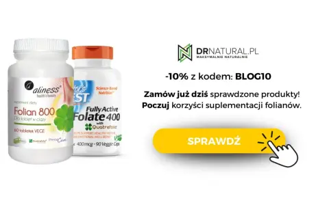 Dwa opakowania suplementów diety z kwasem foliowym: Folian 800 i Fully Active Folate 400.