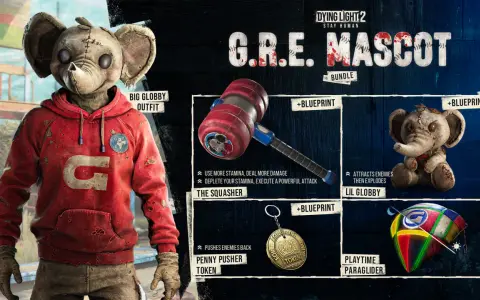 Postać z Dying Light 2 w stroju "Big Globby Outfit", młot "The Squasher", pluszowy słoń "Lil Globby" i paralotnia "Playtime Paraglider" z pakietu G.R.E. Mascot.