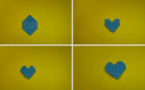 Passaggi per creare un modellino cuore fai da te con origami blu su sfondo giallo.