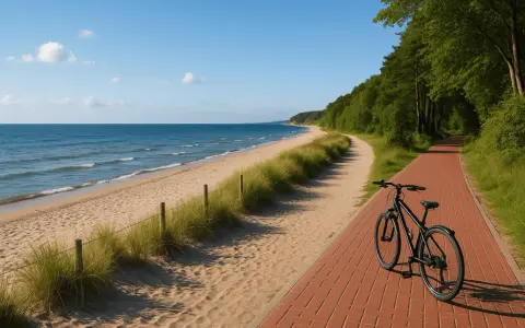 Rower czeka na ścieżce przy plaży, idealne miejsce na **rajdy rowerowe dla amatorów**. Słońce, morze i las zapraszają do aktywnego wypoczynku.