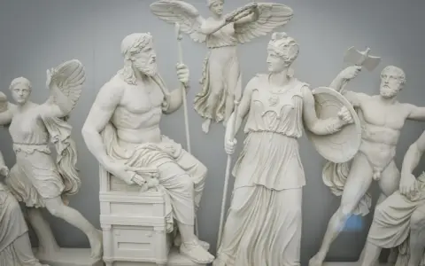 A frieze depicting ancient pagan gods and goddesses, with Zeus seated and Athena standing, surrounded by winged figures and warriors.