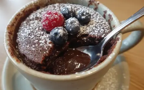 Chokladig mug cake med hallon och blåbär, pudrad med florsocker. En sked dyker ner i den rinnande chokladen.
