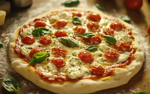 Pyszna pizza z pomidorkami i mozzarellą w zalewie, która nadaje się idealnie do pizzy, z listkami bazylii.