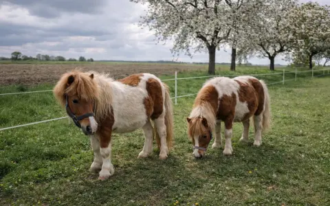 Deux adorables poneys shetland pie, l'un regardant vers l'objectif, l'autre broutant paisiblement dans un pré fleuri sous un ciel nuageux.