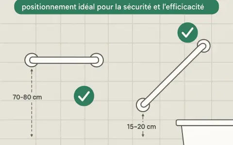 Schéma montrant le positionnement idéal des barres d'appui pour un rectangle PMR WC. Hauteur 70-80 cm pour une barre horizontale, 15-20 cm pour une barre inclinée.