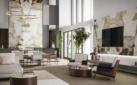Idee arredare salotto e sala da pranzo insieme: un ambiente moderno con pareti in pietra, mobili di design e illuminazione scenografica.