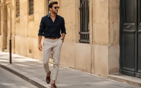 Mężczyzna w granatowej koszuli i beżowych spodniach, prezentujący styl smart casual, spaceruje ulicą.
