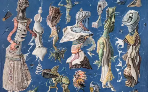 Un tableau aux créatures étranges et oniriques, évoquant le surréalisme. Des formes organiques et mécaniques se mêlent sur fond bleu.