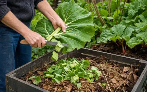 Un jardinier coupe une grande feuille de rhubarbe pour la mettre dans un composteur rempli de feuilles mortes.
