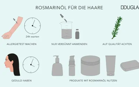Rosmarinöl für die Haare: Allergietest, verdünnt anwenden, Qualität prüfen. Geduld haben und Produkte mit Rosmarinöl nutzen.