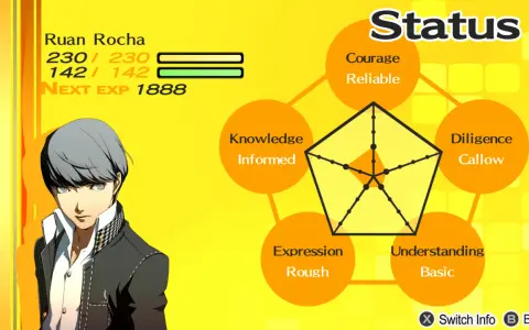 Pantalla de estado de Ruan Rocha en Persona 4 Golden. Muestra sus estadísticas y atributos, como Coraje y Conocimiento, para ayudarte a tomar decisiones en las preguntas del juego.