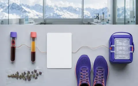 Blutproben, Laufschuhe und ein Kühlbeutel vor Bergpanorama. Möglicherweise zur Analyse des **LDH-Werts** nach sportlicher Betätigung.