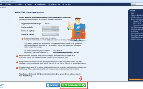 Superbohater z kciukiem w górę obok podsumowania deklaracji PIT-37 z kwotami do zapłaty i zwrotu.