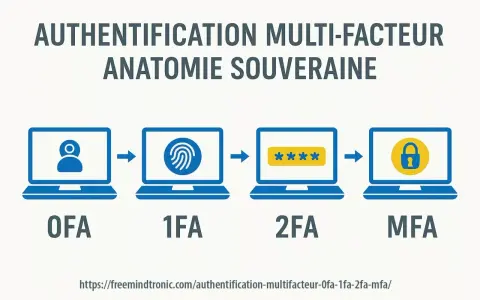 Illustration montrant l'évolution de l'authentification : d'un facteur (OF A) à l'authentification multi-facteur (MFA) via empreinte digitale et mot de passe.