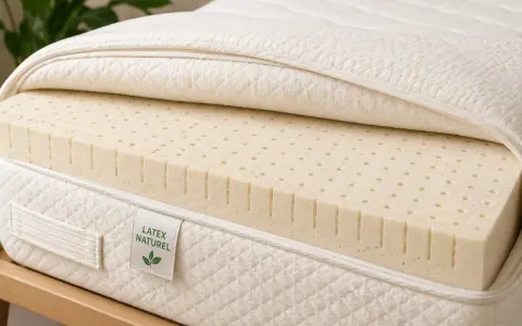 Coupe d'un matelas révélant une couche de latex naturel perforé, gage de confort et de respirabilité.
