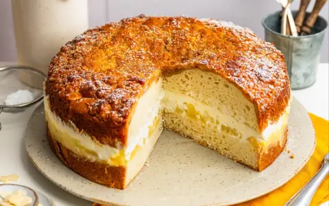 Ein köstlicher Kuchen mit Buttercreme-Füllung und Mandeldecke, inspiriert von Landfrauen Kuchen Rezepten.