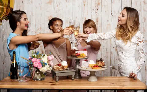 Cuatro amigas brindan con copas de champán en unas fiestas en casa, rodeadas de pasteles y flores.