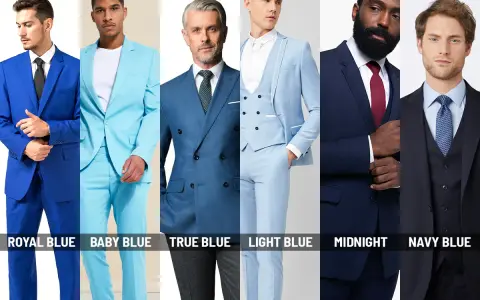 Six men model suits in various shades of blue, from royal blue vs navy blue, showcasing different styles and tones.