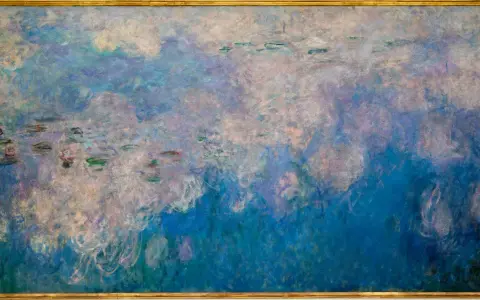 Un étang paisible aux nénuphars roses et verts, baigné de lumière, dans un style Monet.
