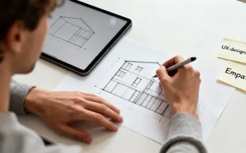 En person skissar ett hus, en del av ett inredare jobb. Bredvid ligger lappar med "UX-designer" och "Empati".