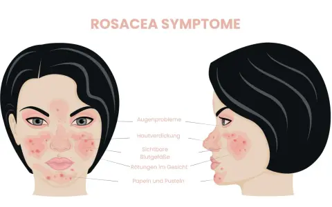 Rosacea-Symptome: Rötungen, sichtbare Blutgefäße, Papeln. Warum kein Hyaluron bei Rosacea? Die Haut ist empfindlich und braucht sanfte Pflege.