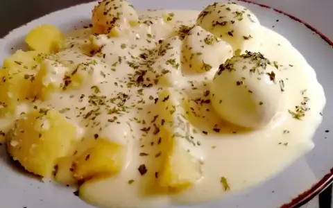 Jajka w sosie musztardowym z ziemniakami, posypane ziołami. Pyszne danie, które zachwyci każdego smakosza.