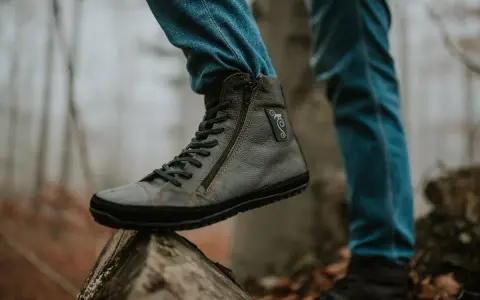 Szare buty barefooty na drewnianym pniu, w jesiennym lesie.