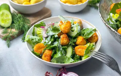 Ein köstlicher Gnocchi Salat mit knackigem Salat, Gurken und cremiger Sauce. Perfekt für eine leichte Mahlzeit.