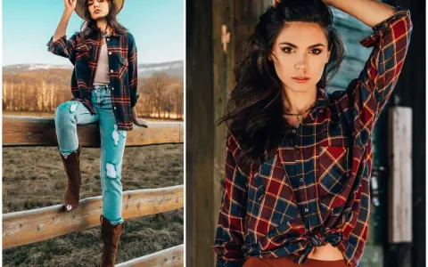 Kobieta w kapeluszu i kraciastej koszuli prezentuje stylizacje w stylu country. Dżinsy z przetarciami i kowbojki dopełniają look.