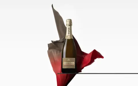 Eine Flasche Piper Heidsieck Cuvée Sublime, umhüllt von fließenden roten und braunen Stoffen, auf einer Glasplatte.