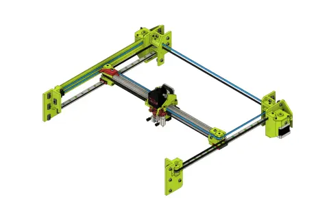 Konstrukcja drukarki 3D z mechanizmem core xy. Zielone elementy, czarne i niebieskie paski napędowe.