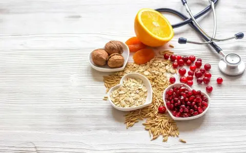 Sposób babci na obniżenie cholesterolu: orzechy, owsianka, żurawina, granat, pomarańcza i suszone morele. Stetoskop symbolizuje zdrowie.