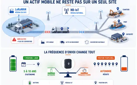 Schéma expliquant comment fonctionne un GPS pour un actif mobile : réseau LoRaWAN, NB-IoT, couverture nationale, et impact de la fréquence d'envoi sur l'autonomie.