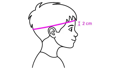 Ilustracja pokazuje, jak zmierzyć obwód głowy do kasku. Różowa linia biegnie nad uszami i czołem, wskazując miejsce pomiaru.