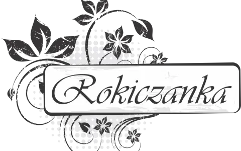 Rokiczanka hej, w dzień narodzenia tekst. Stylizowany napis z motywami roślinnymi.