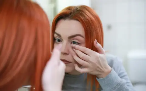 Kobieta z rudymi włosami zakłada soczewkę, zastanawiając się, czy soczewki są bezpieczne.