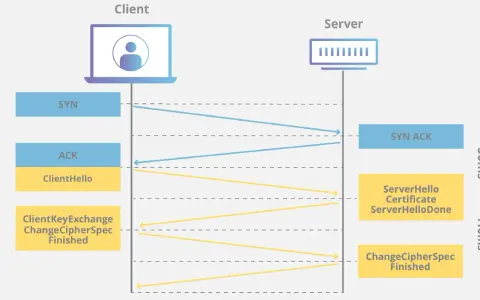 Diagram shows a client and server exchanging messages for SSL/TLS handshake, including SYN, ACK, ClientHello, and ServerHello.