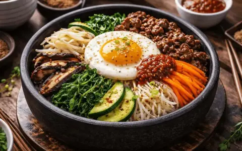 En vacker skål med bibimbap, fylld med ris, grönsaker, köttfärs och ett stekt ägg. Perfekt för ett snabbt och gott bibimbap recept.