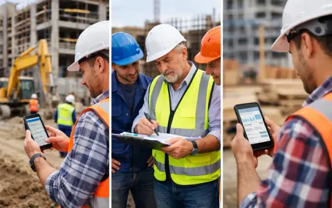 Operai in un cantiere consultano un libro giornale digitale su smartphone e tablet, coordinando i lavori.