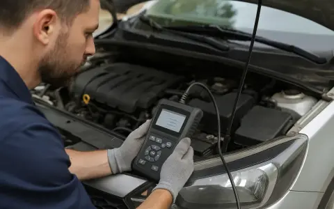 Meccanico con scanner diagnostico controlla perché l'immobilizer auto non parte.