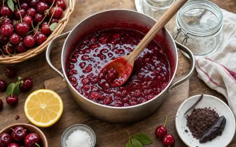 Une marmite déborde de confiture de cerises maison, prête à être mise en pot. Des cerises fraîches, du citron et du chocolat râpé complètent la scène.