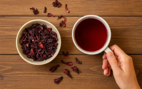 Miseczka suszonego hibiskusa i kubek czerwonego naparu. To jakby hibiskus w ciąży, gotowy do rozkwitu w aromatycznym napoju.