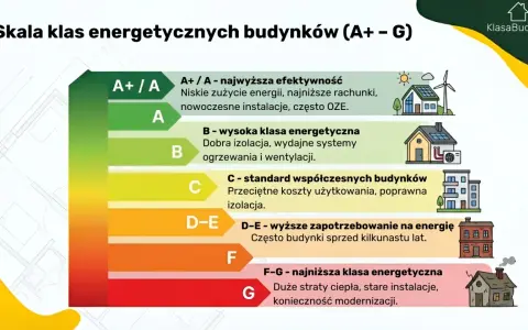 Skala klas energetycznych budynków (A+ do G). Od A+ (najwyższa efektywność, niskie rachunki) do G (najniższa klasa energetyczna, duże straty ciepła).