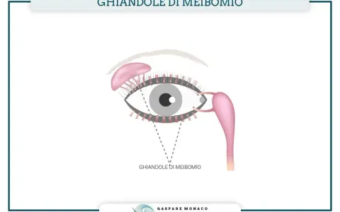 Illustrazione anatomica dell'occhio che evidenzia le ghiandole di Meibomio infiammate, responsabili della produzione del film lacrimale.