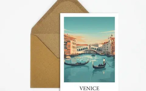 Carte postale de Venise, avec le pont du Rialto et des gondoles. Un poème sur Venise pourrait être écrit sur cette carte.