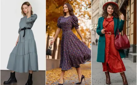 Tres mujeres lucen vestidos midi. Una lleva un vestido gris con botas negras. Otra, un vestido floral con tacones. La tercera, un vestido rojo con abrigo verde y botas. Ideas de qué ponerse encima de un vestido midi.