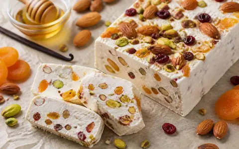 Un délicieux nougat glacé, garni d'amandes, de pistaches, de fruits secs et de miel.