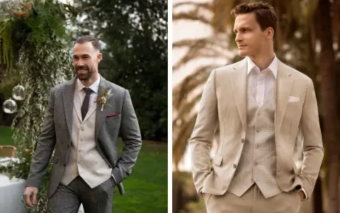 Zwei Männer in eleganten Anzügen, die den **dresscode gala** verkörpern. Einer trägt einen grauen Tweed-Anzug, der andere einen hellen Leinenanzug.