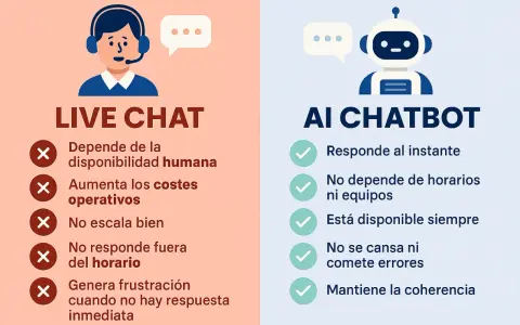 Comparativa entre Live Chat y AI Chatbot. La inteligencia artificial chat ofrece respuestas instantáneas y disponibilidad constante, a diferencia del chat humano.